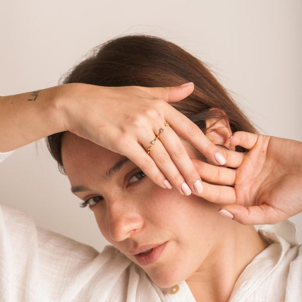 Anillo abierto oro 18kt con aguamarina y diamantes Marfa