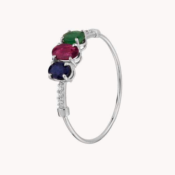 Anillo Oro blanco 18kt con esmeralda rubi zafiro y circonitas Olivie