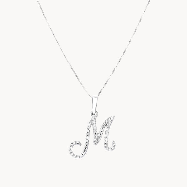 CADENA Y COLGANTE ORO BLANCO 18 KILATES INICIAL CON DIAMANTES LETRA CURSIVA LETRA M