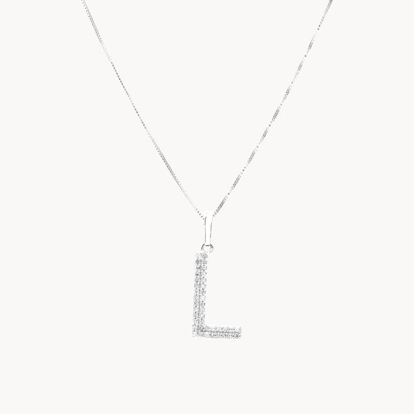 CADENA Y COLGANTE ORO BLANCO 18 KILATES  INICIAL CON DIAMANTES LETRA L