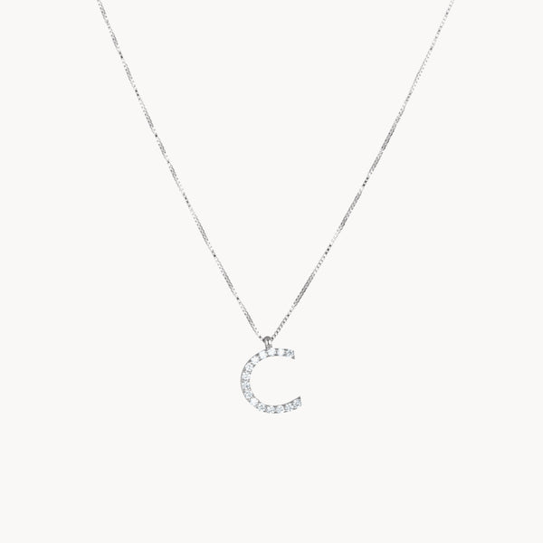 CADENA Y COLGANTE ORO BLANCO 18 KILATES INICIAL CON DIAMANTES LETRA C