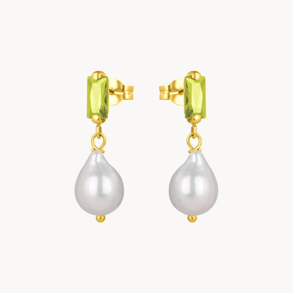 Pendientes Oro 18kt perla y circonita verde oliva Marit