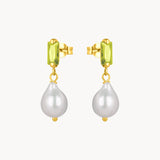 Pendientes Oro 18kt perla y circonita verde oliva Marit