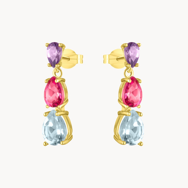Pendientes Oro 18kt topacios azul y rosa y amatista Minerva