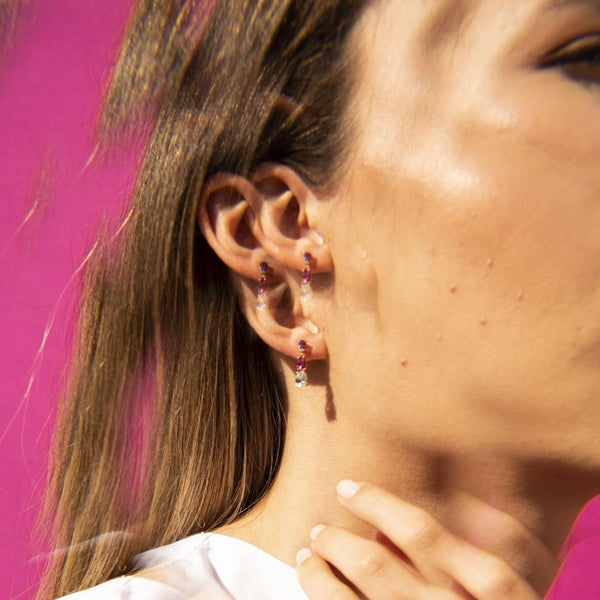 Pendientes Oro 18kt con topacios azul y rosa y amatista Minerva