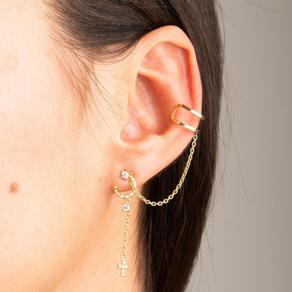 Piercing/pendiente oreja Oro 18kt cruz con cadena earcuff para helix Olena