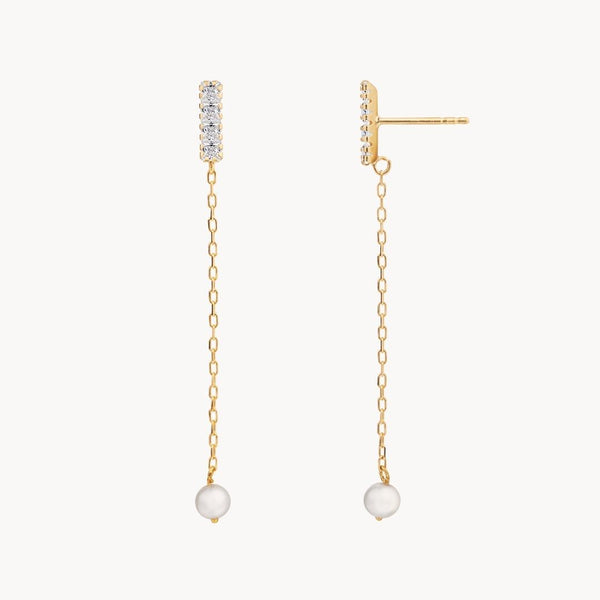 Pendientes Oro 18 kilates carril de circonitas cadena y perla Aimara