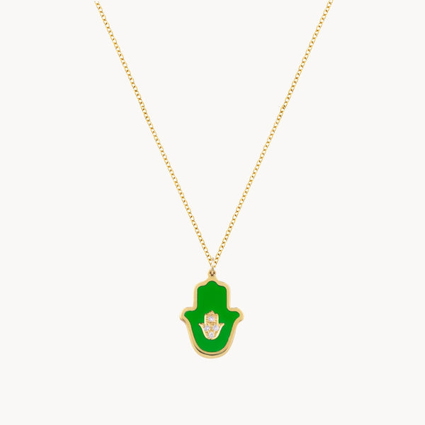GREEN ENAMEL FATIMA'S HAND PENDANT WITH METIS DIAMONDS