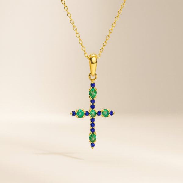 PENDANT CROSS SAPPHIRES AND EMERALDS MALORY