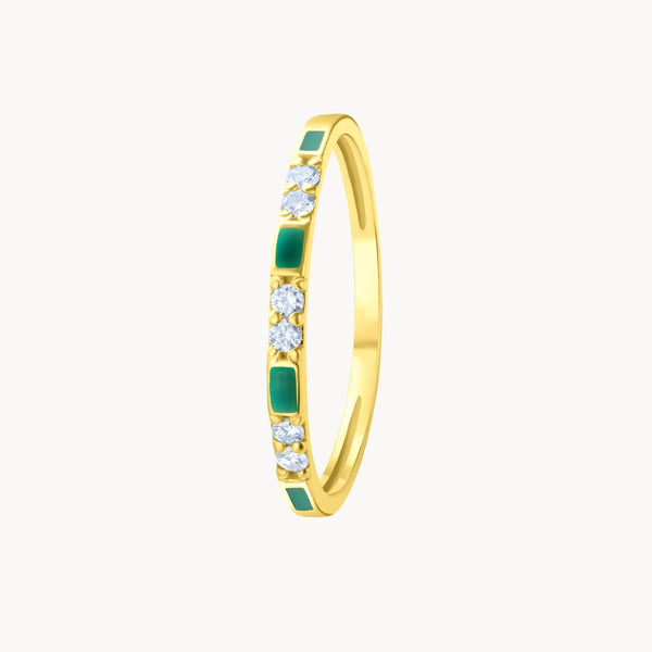 ANILLO ORO 18 KILATES SEIS DIAMANTES Y ESMALTE VERDE COLECCION LIENZO
