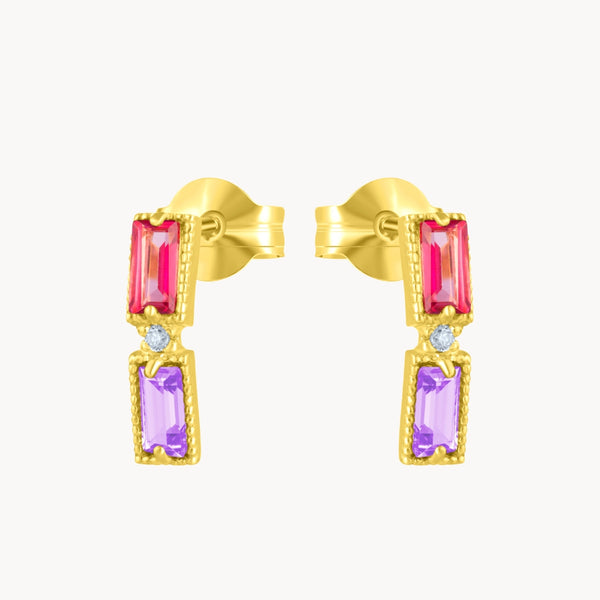 PENDIENTES ORO 18 KILATEDOBLES TOPACIO ROSA AMATISTA DIAMANTES COLECCION GAMA