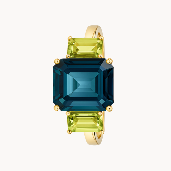 ANILLO TOPACIO LONDON BLUE Y OLIVINOS DORA HALLIE II