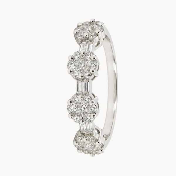 ANILLO CUATRO FLORES EN DIAMANTES BRILLANTES Y BAGUETTES