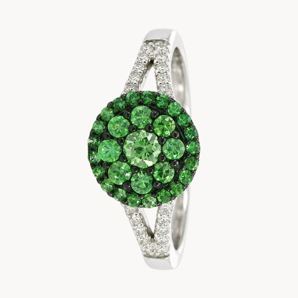 ANILLO CIRCULO CON GRANATES TSAVORITAS Y DIAMANTES