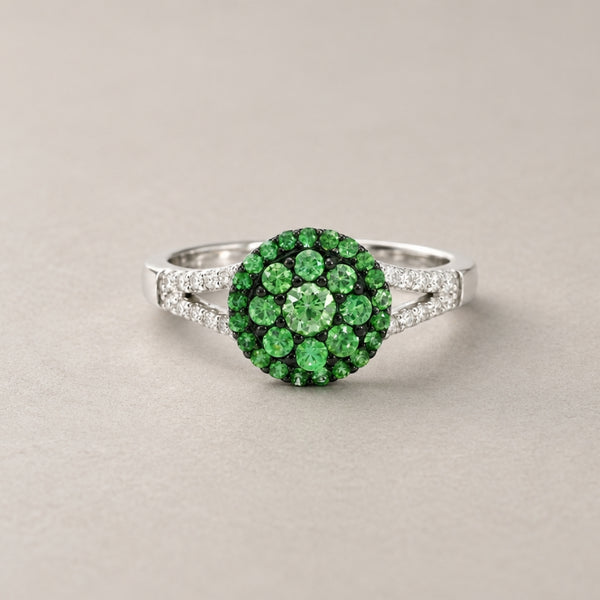 ANILLO CIRCULO CON GRANATES TSAVORITAS Y DIAMANTES