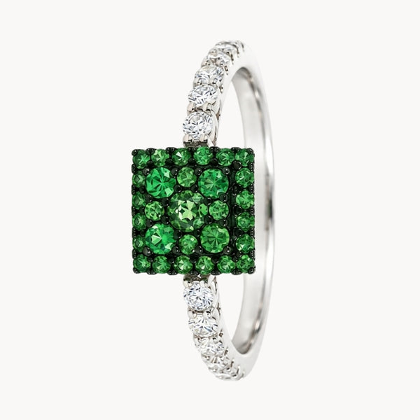 ANEL QUADRADO COM GRANADAS TSAVORITE E DIAMANTES