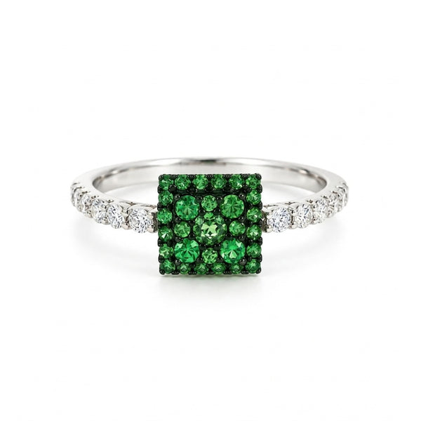 ANEL QUADRADO COM GRANADAS TSAVORITE E DIAMANTES