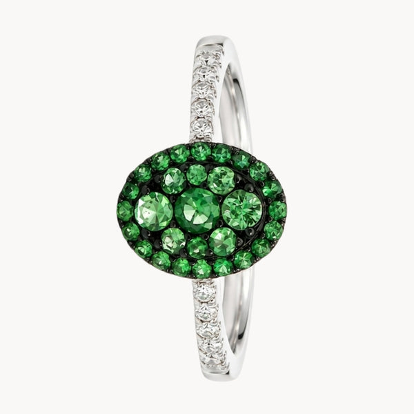 ANILLO OVAL CON GRANATES TSAVORITAS Y DIAMANTES