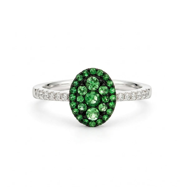 ANILLO OVAL CON GRANATES TSAVORITAS Y DIAMANTES