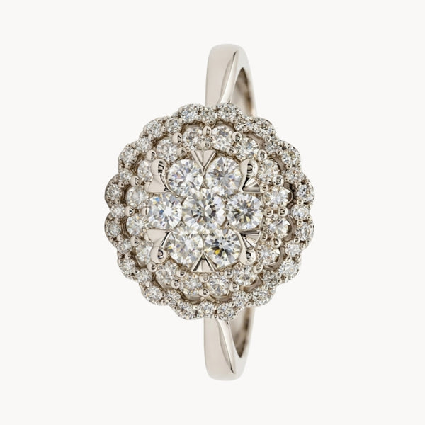 ANILLO ROSETON CON DOBLE HALO DE DIAMANTES