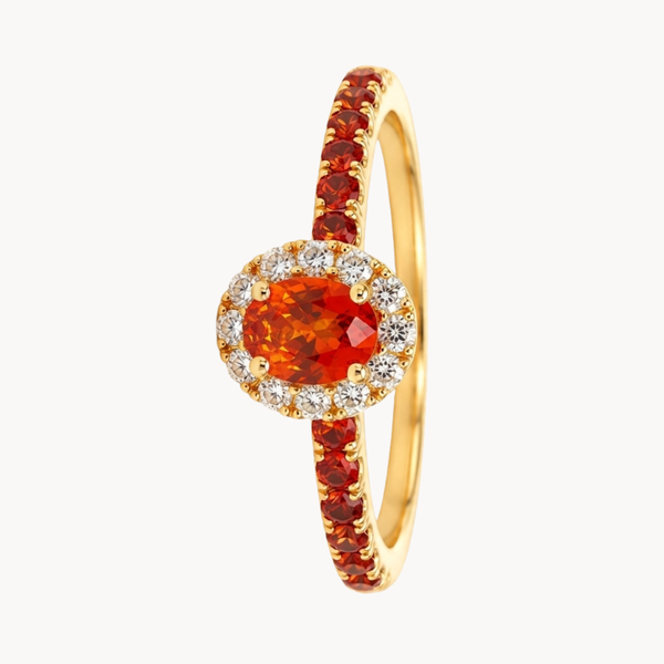 ANILLO ZAFIROS NARANJAS Y ORLA DE DIAMANTES