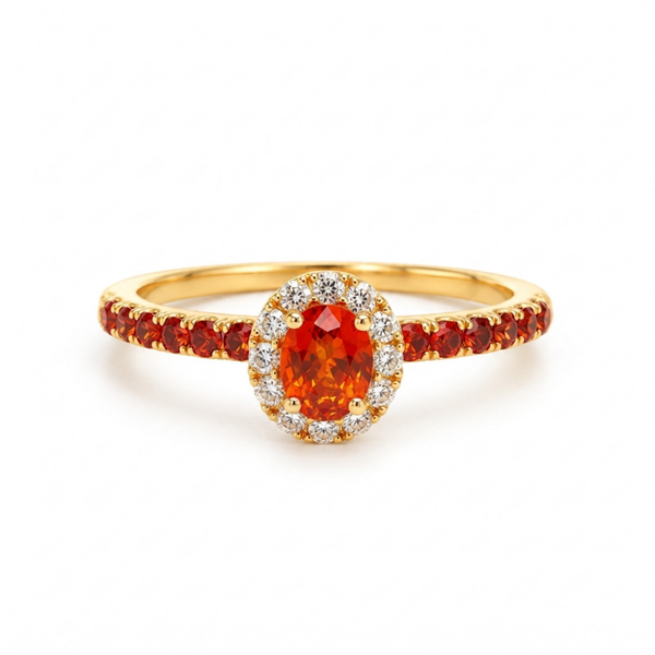 ANILLO ZAFIROS NARANJAS Y ORLA DE DIAMANTES