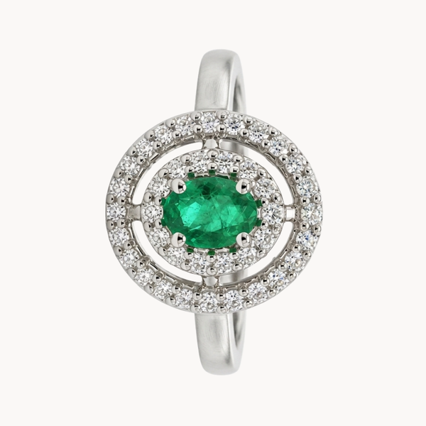 ANEL DE ESMERALDA OVAL COM ARO DUPLO DE DIAMANTES