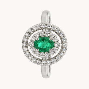 ANILLO ESMERALDA OVAL CON DOBLE HALO DE DIAMANTES