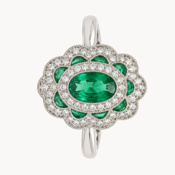 ANILLO VINTAGE FLOR CON ESMERALDAS Y DIAMANTES