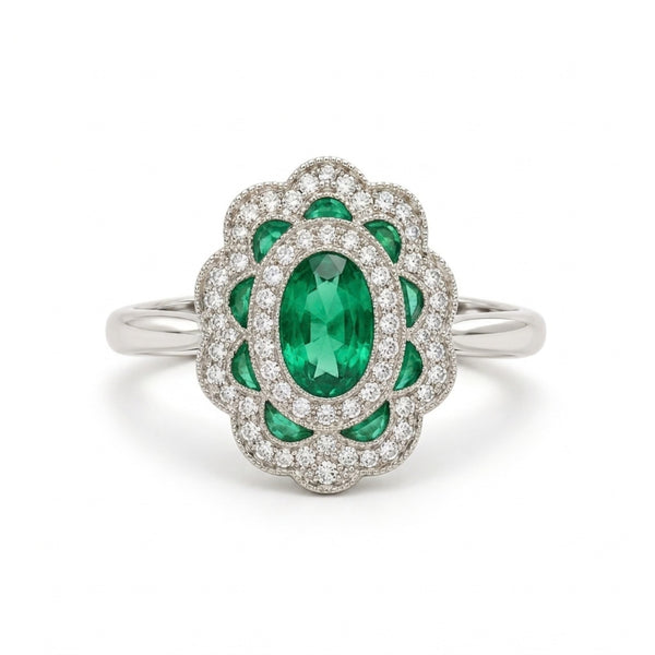 ANILLO VINTAGE FLOR CON ESMERALDAS Y DIAMANTES
