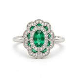 ANILLO VINTAGE FLOR CON ESMERALDAS Y DIAMANTES