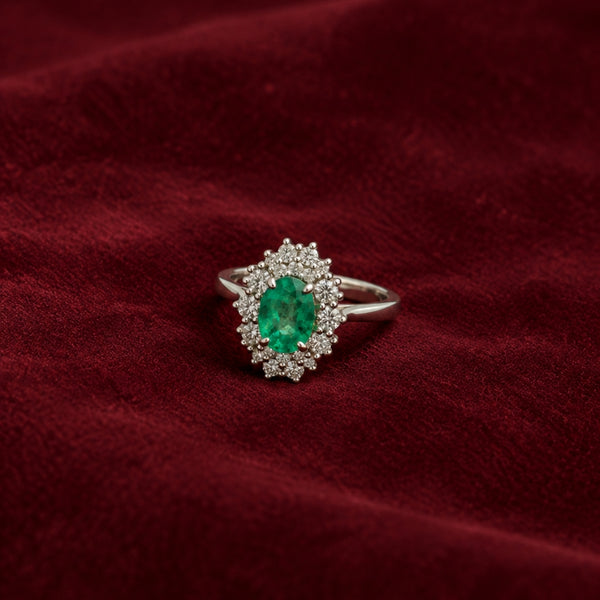 DOUBLE HALO DIAMOND RING WITH EMERALD