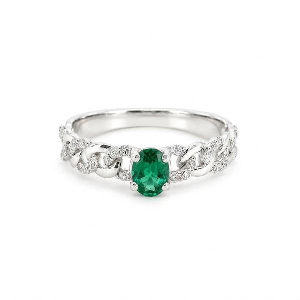 ANILLO ESLABONES CON ESMERALDA Y DIAMANTES EN PAVE