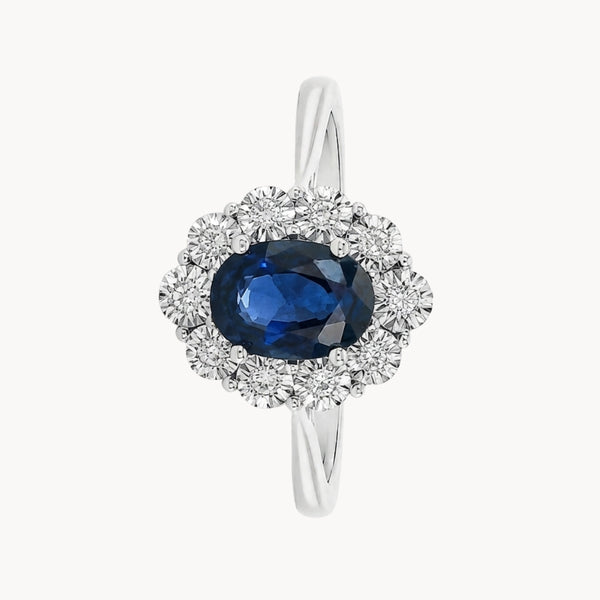 ANILLO ROSETON OVAL ZAFIRO Y DIAMANTES CON ENGASTE ILUSION