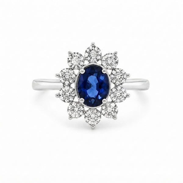 ANILLO ROSETON OVAL ZAFIRO Y DIAMANTES CON GARRAS DE ILUSION