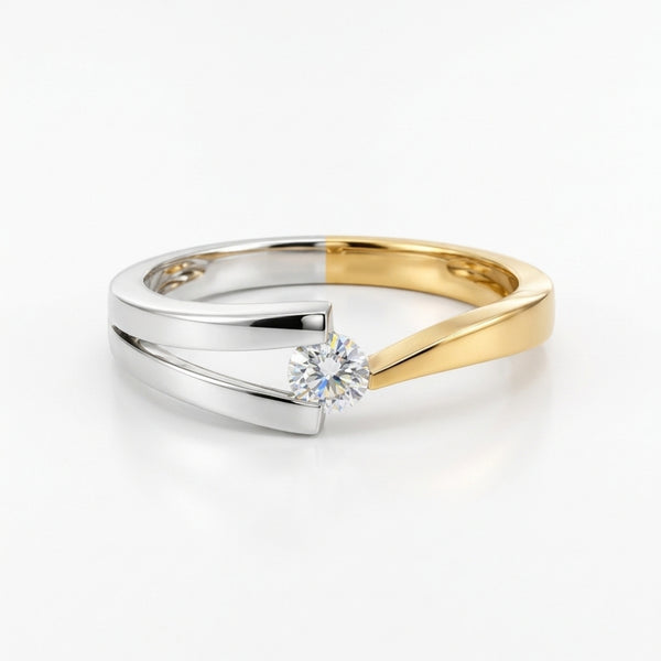 TWO-TONE SOLITAIRE RING WITH BANDS AND FLOATING DIAMOND