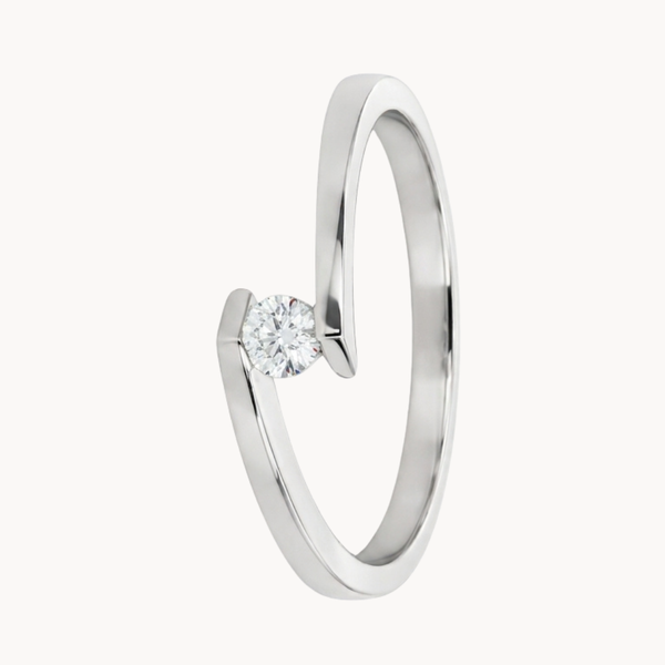 ANILLO SOLITARIO CRUZADO CON DIAMANTE 0.12 QUILATES EN SUSPENSION