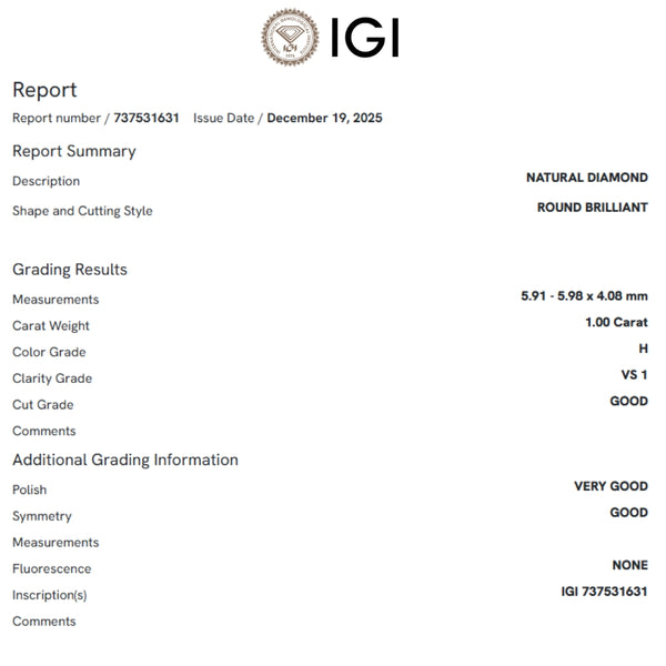 ANILLO SOLITARIO DIAMANTE 1 QUILATE CERTIFICADO IGI