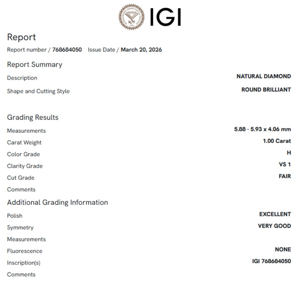 ANILLO SOLITARIO DIAMANTE 1 QUILATE CERTIFICADO IGI