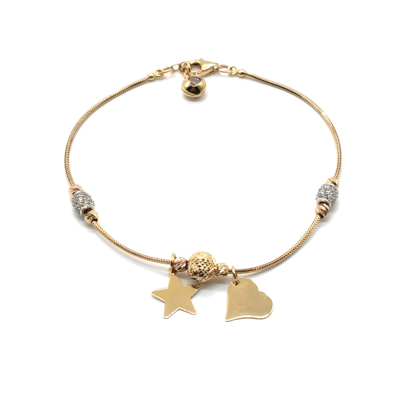 TRICOLOR 18 K GOLD BRACELET WITH STAR HEART AND ZIRCONIAS