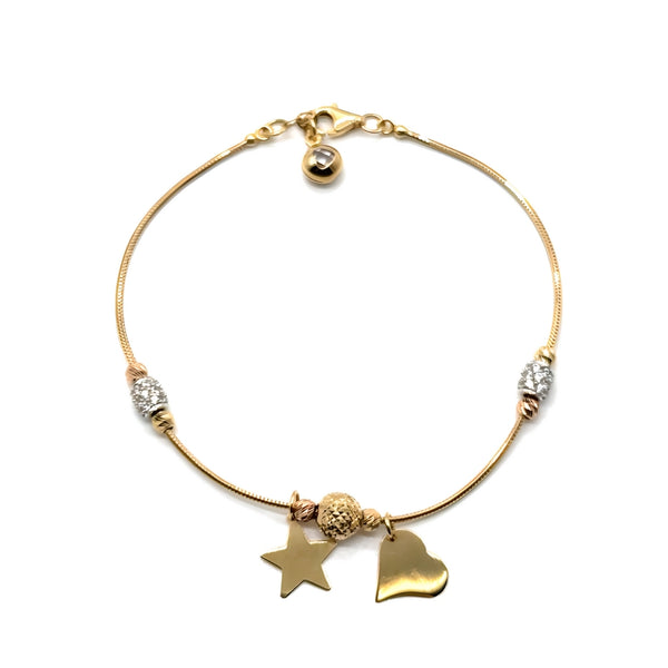TRICOLOR 18 K GOLD BRACELET WITH STAR HEART AND ZIRCONIAS