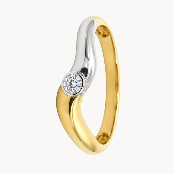 ANEL DE DIAMANTE 0.10 QUILATES, CRAVAÇÃO EM CHATÃO, ARO ONDULADO BICOLOR