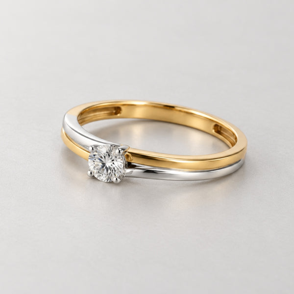 ANILLO SOLITARIO DOBLE BANDA BICOLOR CON DIAMANTE 0.11 QUILATES