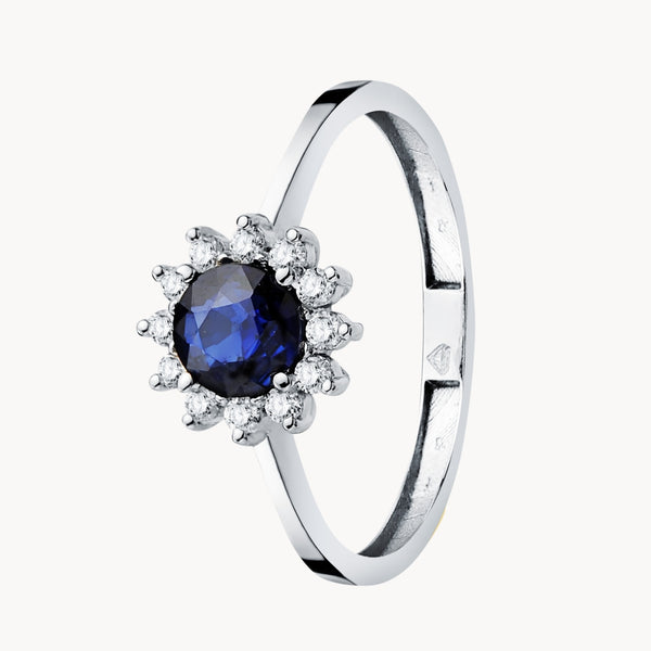 DIANE RING WITH ROUND SAPPHIRE SURROUNDED BY LAB-GROWN DIAMONDS
