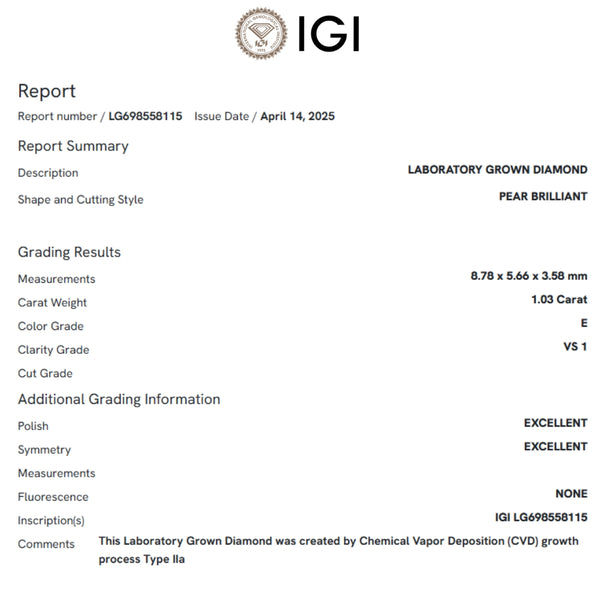 COLGANTE DIAMANTE CREADO 1.030 QUILATE PERILLA CERTIFICADO IGI