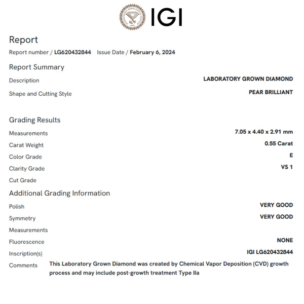 COLGANTE DIAMANTE CREADO 0.55 QUILATES PERILLA CERTIFICADO IGI