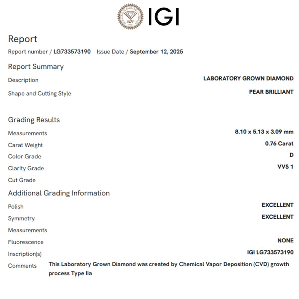 COLGANTE DIAMANTE CREADO 0.76 QUILATES PERILLA CERTIFICADO IGI