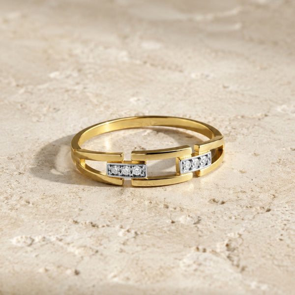 Two-tone ring with open links and zirconia stones