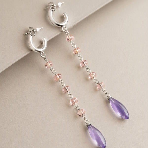 BRINCOS TURMALINA ROSA E AMETISTA SANNE