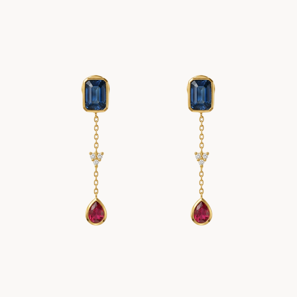 PENDIENTES LARGOS ZAFIROS RUBIES Y CIRCONITAS